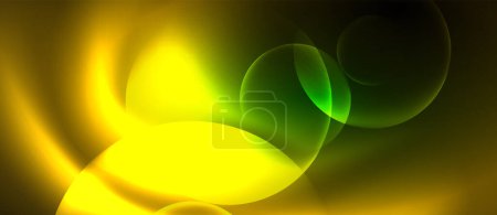 Ilustración de Una imagen colorida y borrosa con una mezcla de luces amarillas y verdes sobre un fondo negro. Las luces forman patrones circulares que se asemejan a un arte macrofotográfico de una planta terrestre - Imagen libre de derechos
