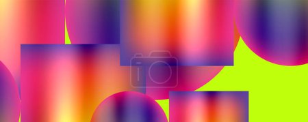 Téléchargez les illustrations : Des teintes vibrantes et des nuances de violet, de magenta et de bleu électrique créent un fond abstrait coloré avec des cercles et des carrés sur fond jaune, ressemblant à une vue rapprochée d'un motif de gaz dans l'art - en licence libre de droit