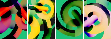 Illustration for A vibrant collage featuring four different colored circles on a green background, showcasing art paint in electric blue shades. A beautiful pattern in visual arts - Royalty Free Image