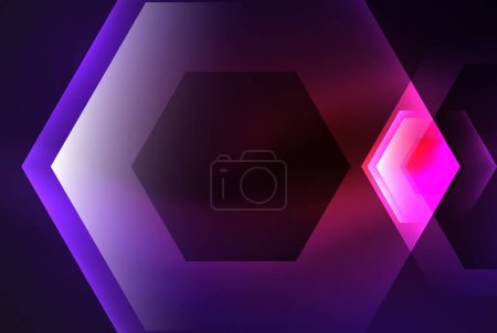 Illustration for A pink and purple glowing hexagon stands out against a dark purple background, showcasing symmetry and vibrant tints of magenta and electric blue - Royalty Free Image