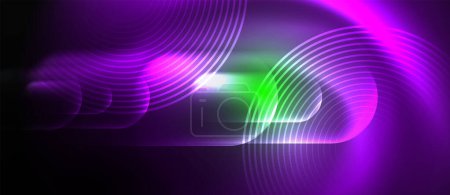 Ilustración de Una vibrante ola de color púrpura y verde sobre un fondo oscuro, que se asemeja al agua bajo la iluminación de efecto visual. Una mezcla artística de violeta, rosa y magenta para el entretenimiento - Imagen libre de derechos