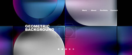 Illustration for A geometric background featuring circles and squares in electric blue and violet hues, creating a futuristic atmosphere. Reminiscent of automotive design with hints of water and clouds - Royalty Free Image