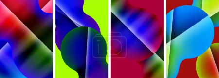 Téléchargez les illustrations : Un collage vibrant de quatre peintures abstraites colorées avec des nuances de violet, violet, magenta et bleu électrique dans un motif symétrique de rectangles et de pétales sur un fond blanc - en licence libre de droit