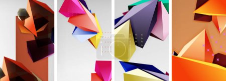 Ilustración de Una pieza de arte creativo con un collage de formas geométricas coloridas como rectángulos, triángulos y patrones en violeta, magenta y azul eléctrico, que muestra simetría sobre un fondo blanco - Imagen libre de derechos