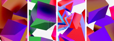 Téléchargez les illustrations : Collage vibrant de rectangles, de triangles et de formes géométriques dans des tons violets, violets et magenta sur fond blanc, mettant en valeur la symétrie et les arts créatifs - en licence libre de droit