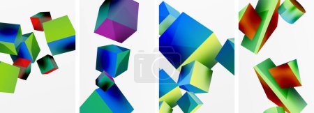 Téléchargez les illustrations : Une œuvre d'art géométrique avec un collage de cubes azur, aqua, bleu électrique et triangulaires sur fond blanc, mettant en valeur la symétrie et les motifs - en licence libre de droit