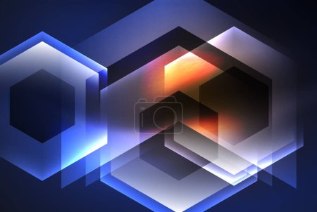 Ilustración de Patrón simétrico de hexágonos brillantes en azul eléctrico sobre un rectángulo púrpura oscuro, creando una fachada llamativa en un edificio. Los gráficos y el diseño de la fuente se suman al efecto cautivador - Imagen libre de derechos