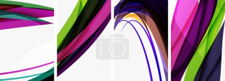 Ilustración de Un vibrante collage de colorido con ondas en púrpura, violeta y azul eléctrico sobre un fondo blanco. El patrón artístico incluye toques de magenta y recuerda a los diseños de fuentes de pestañas - Imagen libre de derechos