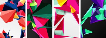 Ilustración de Un collage de artes creativas con cuatro triángulos diferentes de color rosa, magenta, blanco y otro color sobre un fondo blanco, que muestra el uso artístico de la simetría y el patrón en los textiles - Imagen libre de derechos
