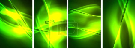 Ilustración de Cuatro pancartas de color verde neón con ondas brillantes sobre un fondo oscuro, creadas en un patrón simétrico con círculos, rectángulos y líneas paralelas para parecerse al arte vegetal terrestre - Imagen libre de derechos