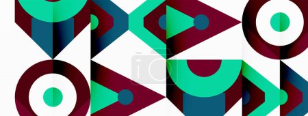 Illustration for Product featuring a colorful geometric pattern with triangles and circles in blue, red, and white. A creative arts design on textile, incorporating rectangles, lines, and font - Royalty Free Image
