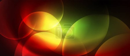 Téléchargez les illustrations : Une image vibrante avec un cercle rouge, jaune et vert flou sur un fond noir, créant un motif coloré et artistique avec des notes d'ambre et d'éclat de lentille - en licence libre de droit