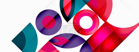 Téléchargez les illustrations : Une œuvre d'art vibrante avec une myriade de formes géométriques colorées telles que des cercles, avec des nuances de violet, de magenta et de bleu électrique sur un fond blanc, créant un motif symétrique - en licence libre de droit