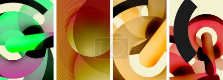 Téléchargez les illustrations : Un collage de quatre peintures abstraites mettant en vedette de l'ambre liquide, du liquide orange, des ingrédients de boissons alcoolisées et de la vaisselle en couleurs vives. - en licence libre de droit