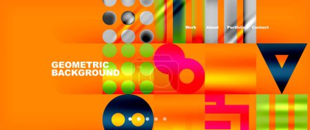 Illustration for Vibrant geometric shapes like circles, triangles, and squares create a colorful playground of art on an orange background. This pattern of tints and shades is a playful recreation for the eyes - Royalty Free Image