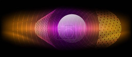 Illustration for In art, the purple and orange background with a circle in the middle represents an astronomical object such as the moon. The violet font and magenta tints add a sense of mystery and gas to the design - Royalty Free Image