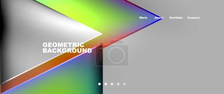 Illustration for A geometric background featuring rectangles and triangles in various tints and shades of violet, magenta, and electric blue. A rainbowcolored arrow points towards the center on a gray backdrop - Royalty Free Image