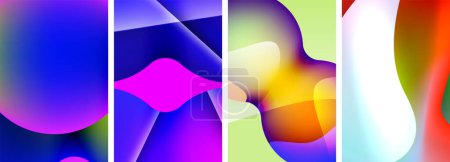 Ilustración de Un vibrante collage de coloridos fondos abstractos con tonos de púrpura, azul, violeta y magenta. Cada rectángulo, pétalo y patrón se unen para crear arte azul eléctrico - Imagen libre de derechos