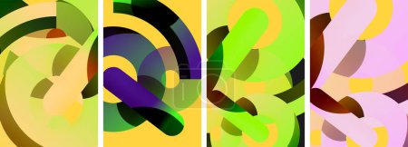 Téléchargez les illustrations : Un collage vibrant de motifs colorés présentant diverses formes telles que des rectangles, des cercles et des lignes audacieuses dans des tons de violet, de magenta et de bleu électrique. Un chef-d'œuvre des arts visuels - en licence libre de droit