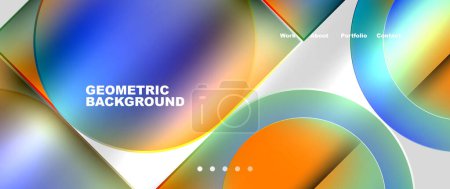 Ilustración de Círculos coloridos y triángulos en tonos y tonos de naranja y azul eléctrico crean un fondo geométrico parecido a un CD contra un cielo blanco, fuente de arte líquido - Imagen libre de derechos