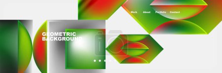 Téléchargez les illustrations : Un fond géométrique coloré avec rectangles et triangles verts et rouges sur une toile blanche. Les teintes vibrantes et les nuances créent un motif symétrique, mêlant art et technologie - en licence libre de droit