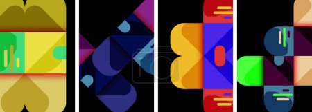 Ilustración de Una variedad de formas geométricas vibrantes, incluyendo rectángulos púrpura, círculos azules eléctricos y patrones magenta, pop contra un lienzo negro elegante, creando una impresionante exhibición de arte moderno - Imagen libre de derechos