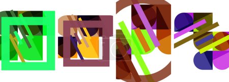 Ilustración de Varios objetos coloridos como triángulos, rectángulos y patrones en violeta, púrpura y magenta rodean las letras N y M en un diseño artístico y vibrante - Imagen libre de derechos