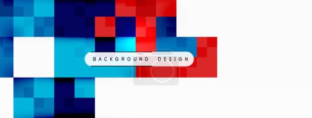 Illustration for A symmetrical pattern of electric blue, magenta, and white triangles and rectangles on a red, blue, and white checkered background with a white circle in the middle - Royalty Free Image