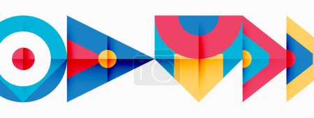 Illustration for A design featuring a row of colorful arrows in shapes like triangles and circles, with tints and shades of electric blue. Symmetrical patterns resembling flags create an artistic display - Royalty Free Image