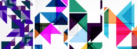 Ilustración de Una vibrante muestra de colorido con triángulos púrpura, azul, violeta y aqua sobre un fondo blanco. Una obra de arte creativo que se asemeja a un colorido rectángulo con triángulos superpuestos - Imagen libre de derechos