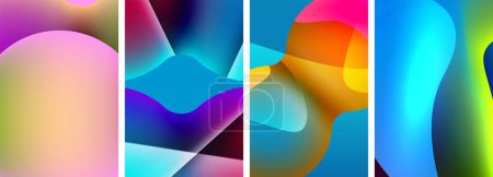 Téléchargez les illustrations : Un collage vibrant d'arrière-plans abstraits colorés avec des rectangles, des cercles et des motifs en magenta, bleu électrique, teintes et nuances créent une œuvre d'art symétrique - en licence libre de droit