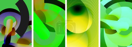 Ilustración de Un collage de cuatro cuadros de primer plano con una pintura abstracta verde y amarilla con un patrón que se asemeja a plantas terrestres y hierba, motivos circulares y texturas similares a neumáticos de automoción. - Imagen libre de derechos