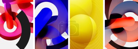 Eine lebendige Collage aus abstrakten Bildern mit flüssigen Schattierungen von Violett und Violett, elektrischem blauen Gas und Kreisen im Stil von Trinkgefäßen