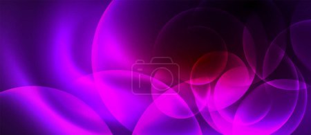 Téléchargez les illustrations : A vibrant abstract art piece with circles and leaves in shades of purple, violet, pink, and magenta on a background resembling water and gas in electric blue hues - en licence libre de droit