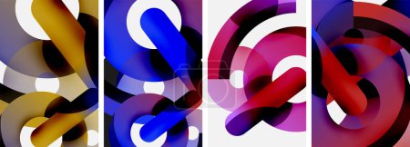 Illustration for A vibrant collage of purple, violet, magenta, and electric blue swirls creating a mesmerizing pattern of rectangles and circles on a white background - Royalty Free Image