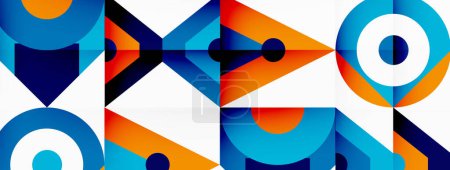 Ilustración de El patrón geométrico colorido presenta círculos y triángulos en tintes y tonos azules eléctricos, creando una obra de arte simétrica sobre un fondo blanco. - Imagen libre de derechos