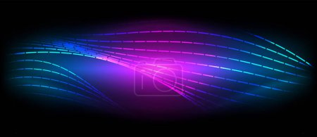 Téléchargez les illustrations : Une onde bleue violette fluo pulsante et électrique danse sur une toile noire, créant un effet visuel envoûtant rappelant les nuages de gaz dans l'espace - en licence libre de droit