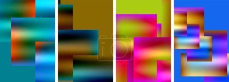 Téléchargez les illustrations : Un ensemble vibrant de quatre fonds abstraits colorés mettant en vedette des carrés dans différentes teintes comme le magenta et le bleu électrique, mettant en valeur la symétrie et les motifs parallèles - en licence libre de droit