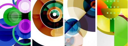 Téléchargez les illustrations : Un collage vibrant de cercles et de triangles colorés en bleu électrique et jaune sur fond blanc. Un mélange de formes et de motifs inspirés des arts visuels - en licence libre de droit