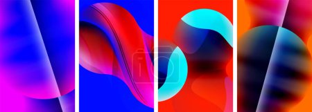 Illustration for A collage of four colorful abstract paintings on a vibrant background blending Azure, Violet, Magenta, and Electric blue, resembling rectangles, petals, and organic shapes - Royalty Free Image
