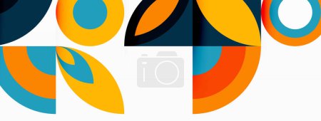Ilustración de Un diseño geométrico vibrante con círculos y triángulos en naranja, azul eléctrico, tintes y tonos. Patrones simétricos en gráficos con fondo blanco. Una fuente artística en negrita en artes visuales - Imagen libre de derechos