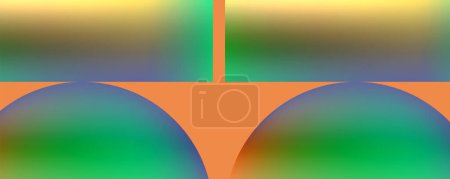 Téléchargez les illustrations : Image floue d'un pont contre un ciel avec des teintes de bleu électrique, d'orange et d'ambre. Le fond crée un motif symétrique avec des nuances de vert, ressemblant à un symbole de triangle - en licence libre de droit