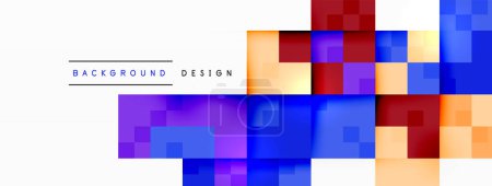 Illustration for The colorful background features squares of different colors in a pattern of parallel rectangles. The font used is symmetrical, with tints and shades of electric blue and magenta - Royalty Free Image