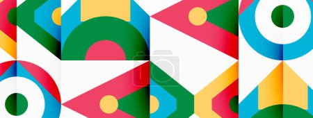 Téléchargez les illustrations : Motif géométrique vibrant avec des cercles et des triangles dans des tons rouges et des nuances sur un fond blanc, mettant en valeur la créativité et la symétrie dans l'art textile qui rappelle les blocs de jouets - en licence libre de droit