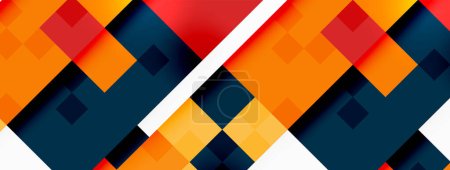 Téléchargez les illustrations : Un fond vibrant avec un motif géométrique coloré de carrés, de triangles et de rectangles dans des tons d'orange, de magenta et de bleu électrique, créant une œuvre d'art dynamique et visuellement attrayante - en licence libre de droit