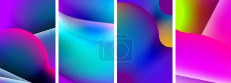 Eine lebendige Collage mit vier verschieden farbigen Hintergründen und einem Regenbogen aus Farben wie Azurblau, Lila, Magenta und Elektroblau, die ein atemberaubendes visuelles Muster erzeugt.