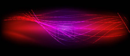 Ilustración de Un efecto visual impresionante de una ola roja y púrpura sobre un fondo negro, que se asemeja a los colores de una vibrante puesta de sol sobre el agua, creado a través de técnicas de arte e iluminación - Imagen libre de derechos