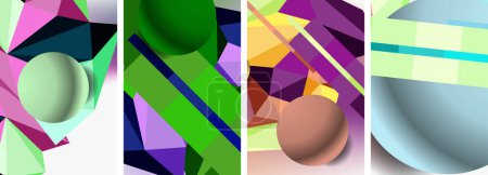 Téléchargez les illustrations : Une œuvre d'art créative avec un collage de quatre boules de différentes couleurs violet, violet, magenta disposées dans un motif sur un fond blanc. Formes comprennent triangle et rectangle - en licence libre de droit