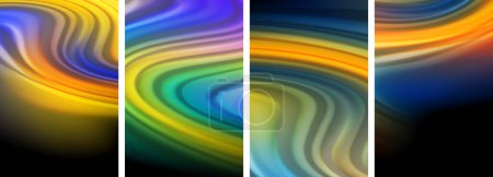 Ilustración de Una pantalla llamativa de cuatro coloridos remolinos que se asemejan a paisajes naturales sobre un fondo negro, evocando la belleza de los fenómenos atmosféricos con tonos azules eléctricos que recuerdan al cielo - Imagen libre de derechos