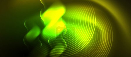 Ilustración de Un primer plano, macrofotografía de una imagen borrosa que captura un patrón de onda verde y amarillo que se asemeja a la planta terrestre. El líquido aparece azul eléctrico sobre un fondo negro - Imagen libre de derechos